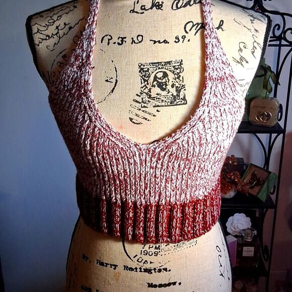 FREE PEOPLE Knit Halter Top - Burgundy and White Size Small Petite - Picture 1 of 14